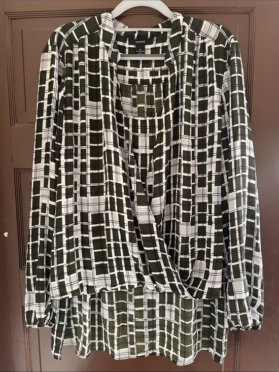 Alfani Tops - Alfani Olive Green and White Plaid Draped Blouse